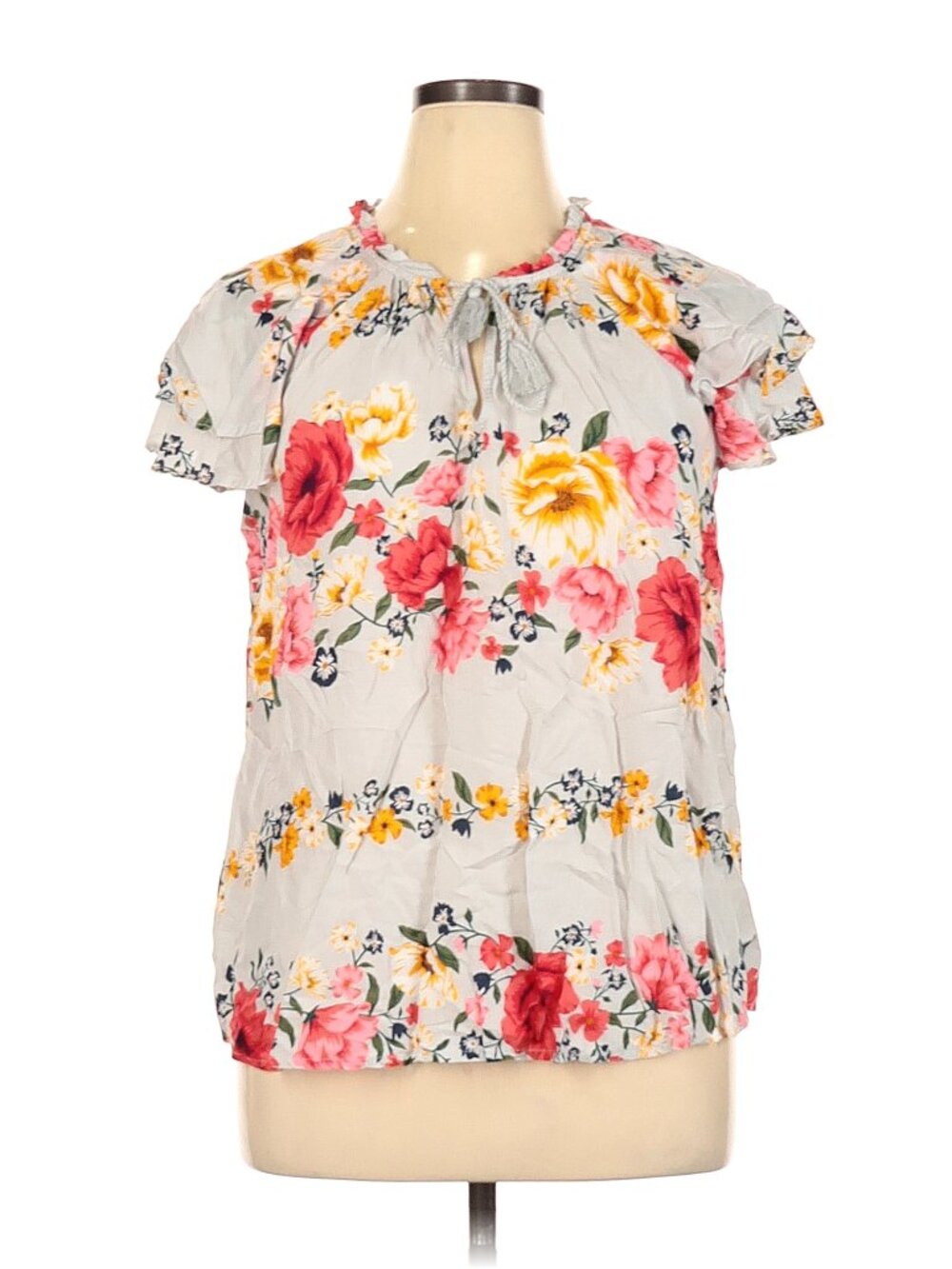 Old Navy Pale Blue Floral Ruffle Short Sleeve Tie Neck Blouse